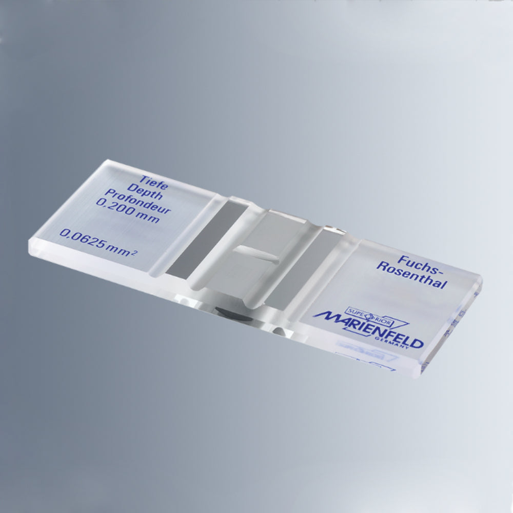 Marienfeld (Germany) Counting Chamber Fuchs-Rosenthal bright line, 2x sets of metal coated grides, CE marked + 2 Coverslips