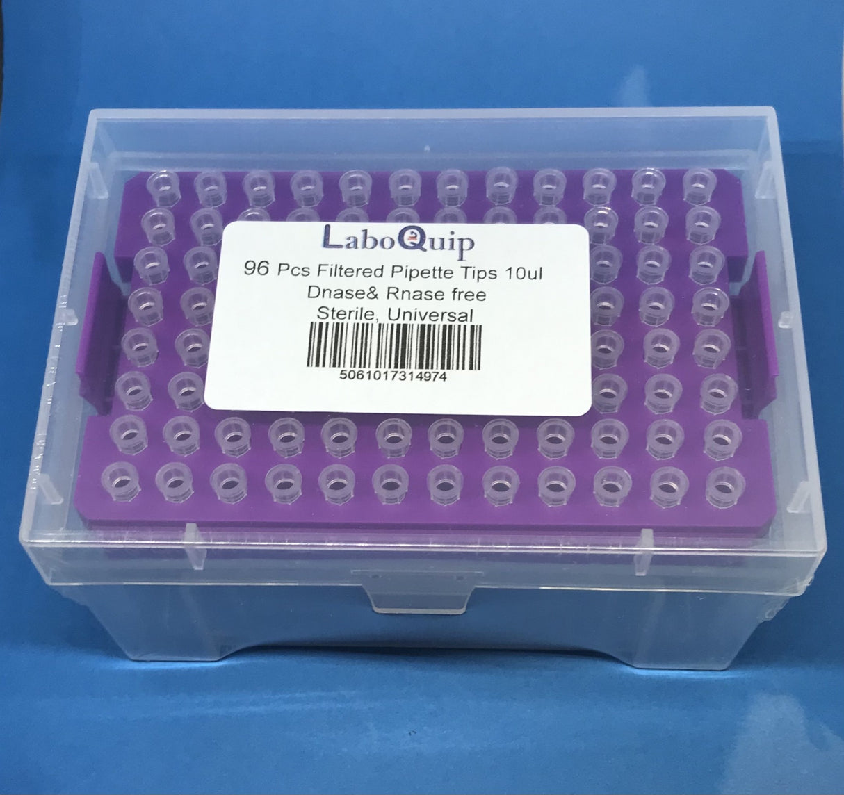 LaboQuip Filter Pipette Tips 10uL, Universal, Sterile, Low retention, DNase& RNase Free, Clear, Graduated (Rack of 96 Tips)