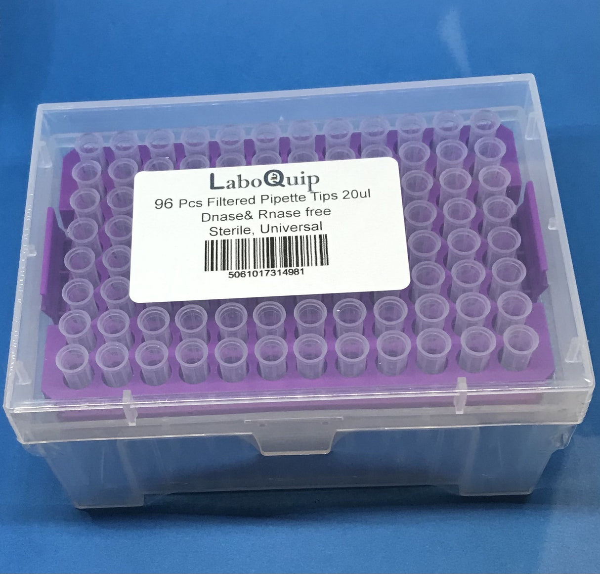 LaboQuip Filter Pipette Tips 20uL, Universal, Sterile, Low retention, DNase& RNase Free, Clear, Graduated (Rack of 96 Tips)