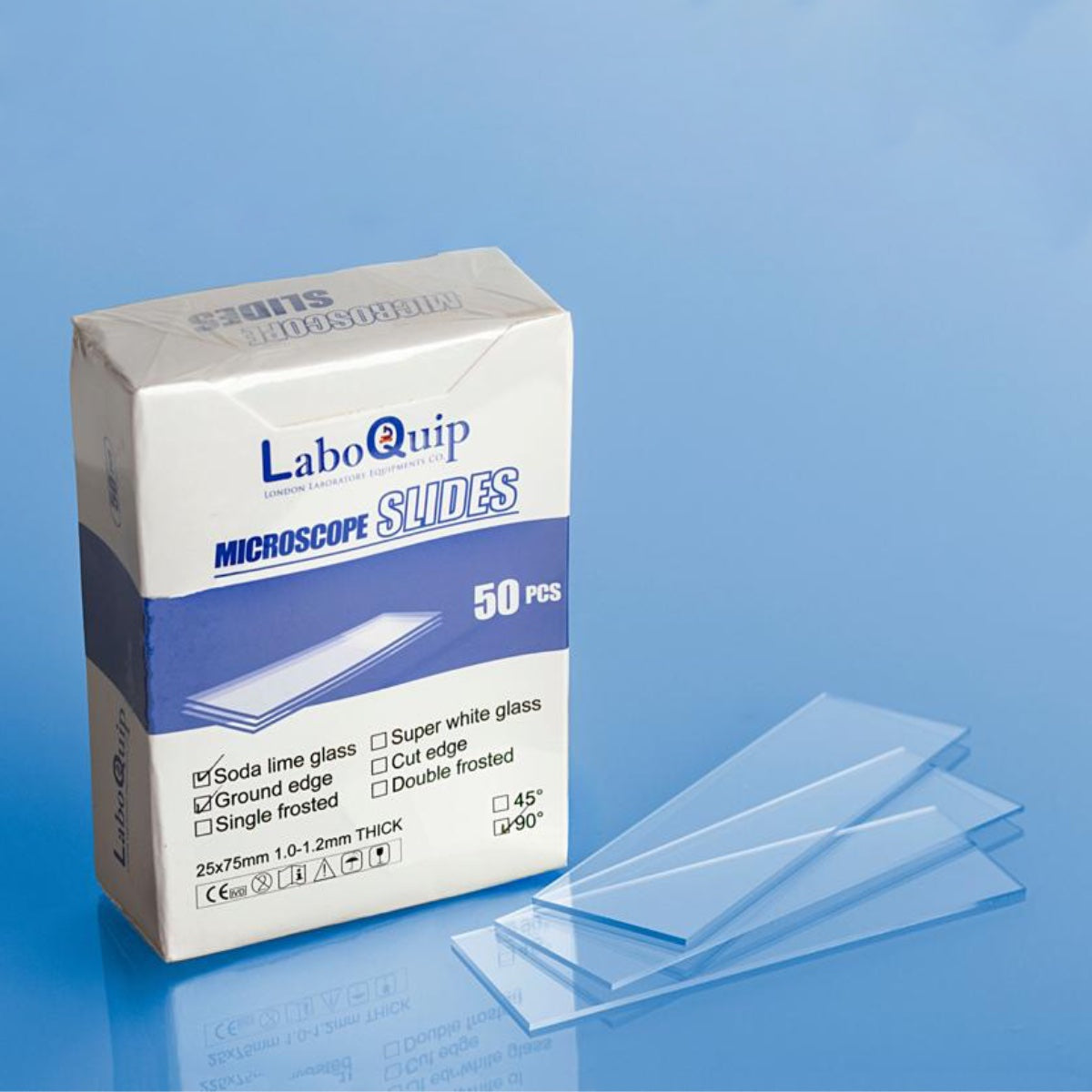 LaboQuip Microscope Slide 7101, Ground edge 90°, Glass (Pack of 50Pcs), CE & UKCA Certified