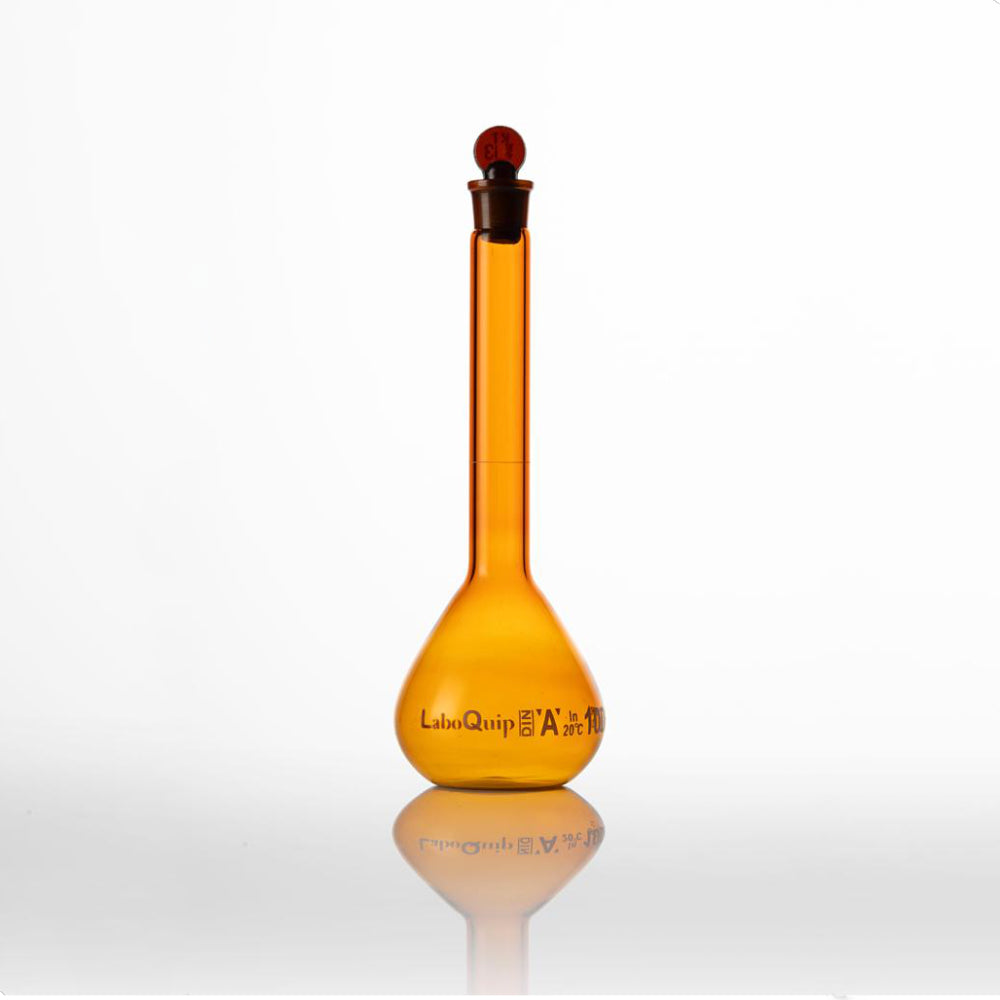 LaboQuip Volumetric Flask 100ml - Amber Glass (Class A), Borosil.