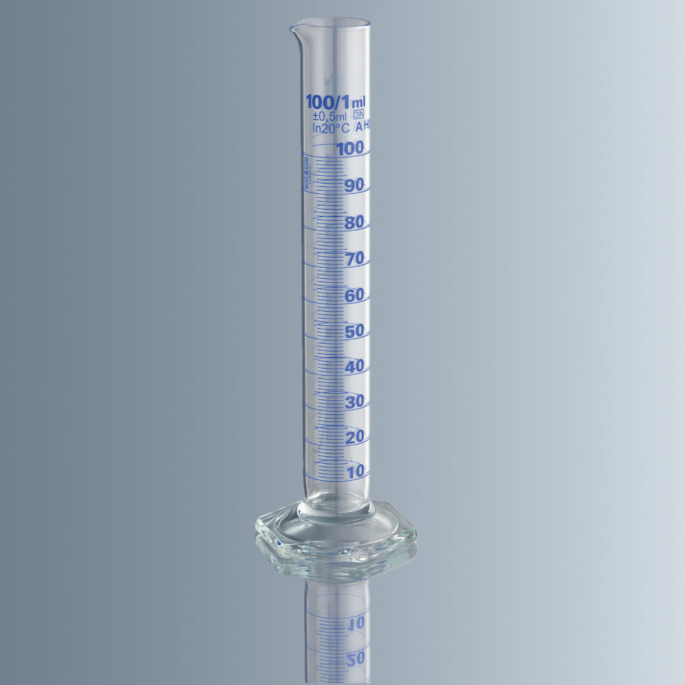 Marienfeld (Germany) Measuring Cylinder 50ml Class A(Lot Certified) - Hex base, High quality Borosil.Glass