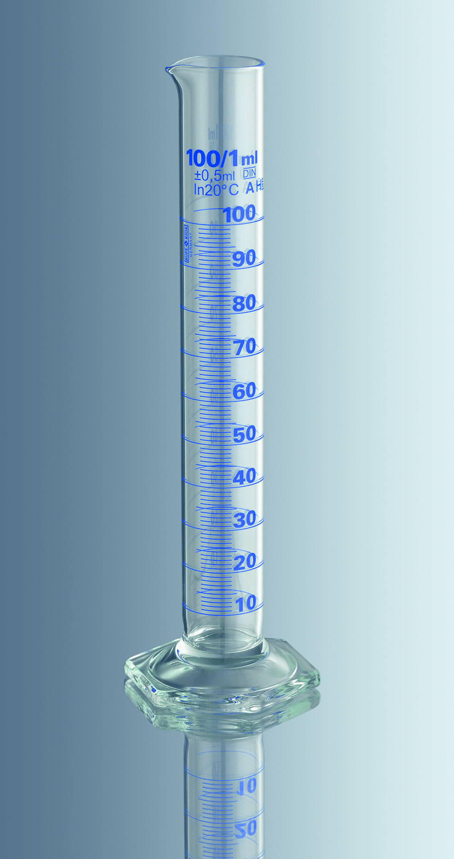 Marienfeld (Germany) Measuring Cylinder 100ml  Class A(Lot Certified) - Hex base, High quality Borosil.Glass