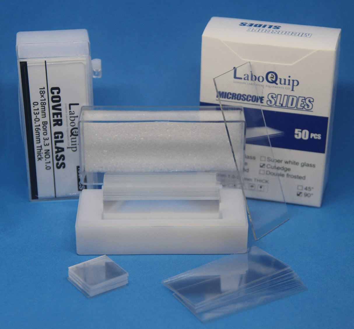 LaboQuip Microscope Slide, Ground edge (1800Pcs)+Coverslip(2000Pcs),22x22mm in Hing Plastic boxes, Eco pack/S, CE & UKCA Certified