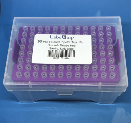 LaboQuip 10 µL universal filter pipette tips sterile low retention graduated rack of 96
