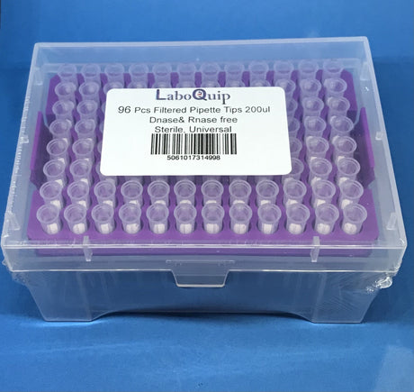 LaboQuip 200 µL universal filter pipette tips sterile low retention graduated rack of 96
