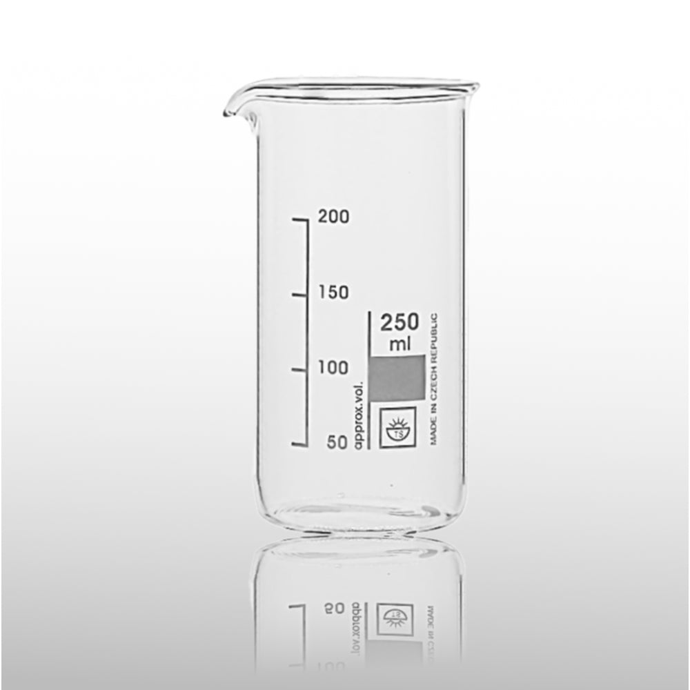 Technosklo Beaker 250ml- Tall Form-Pack of 10, Borosil.Glass (Made in Czech)