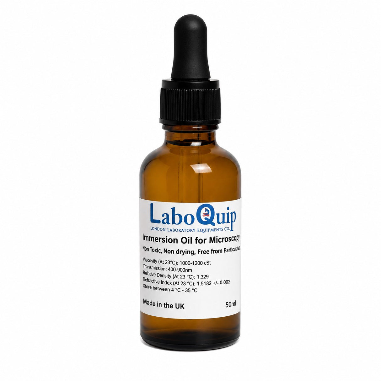 LaboQuip Immersion Oil 50mL Amber Bottle with Glass Dropper, CE & UKCA