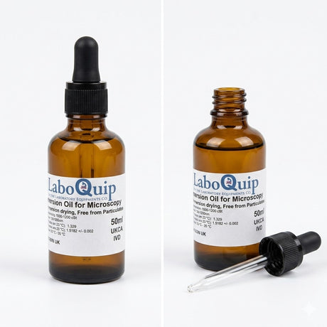 LaboQuip Immersion Oil 50mL Amber Bottle with Glass Dropper, CE & UKCA