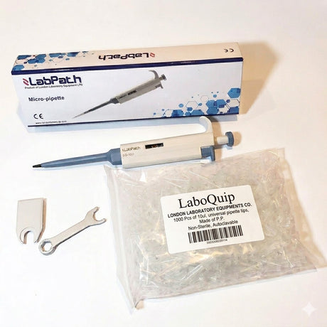 Labpath pipette paired with a 10uL pipette tip set for precision liquid handling