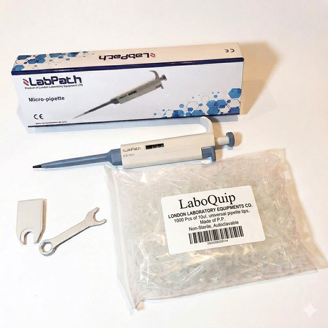 Labpath pipette paired with a 10uL pipette tip set for precision liquid handling